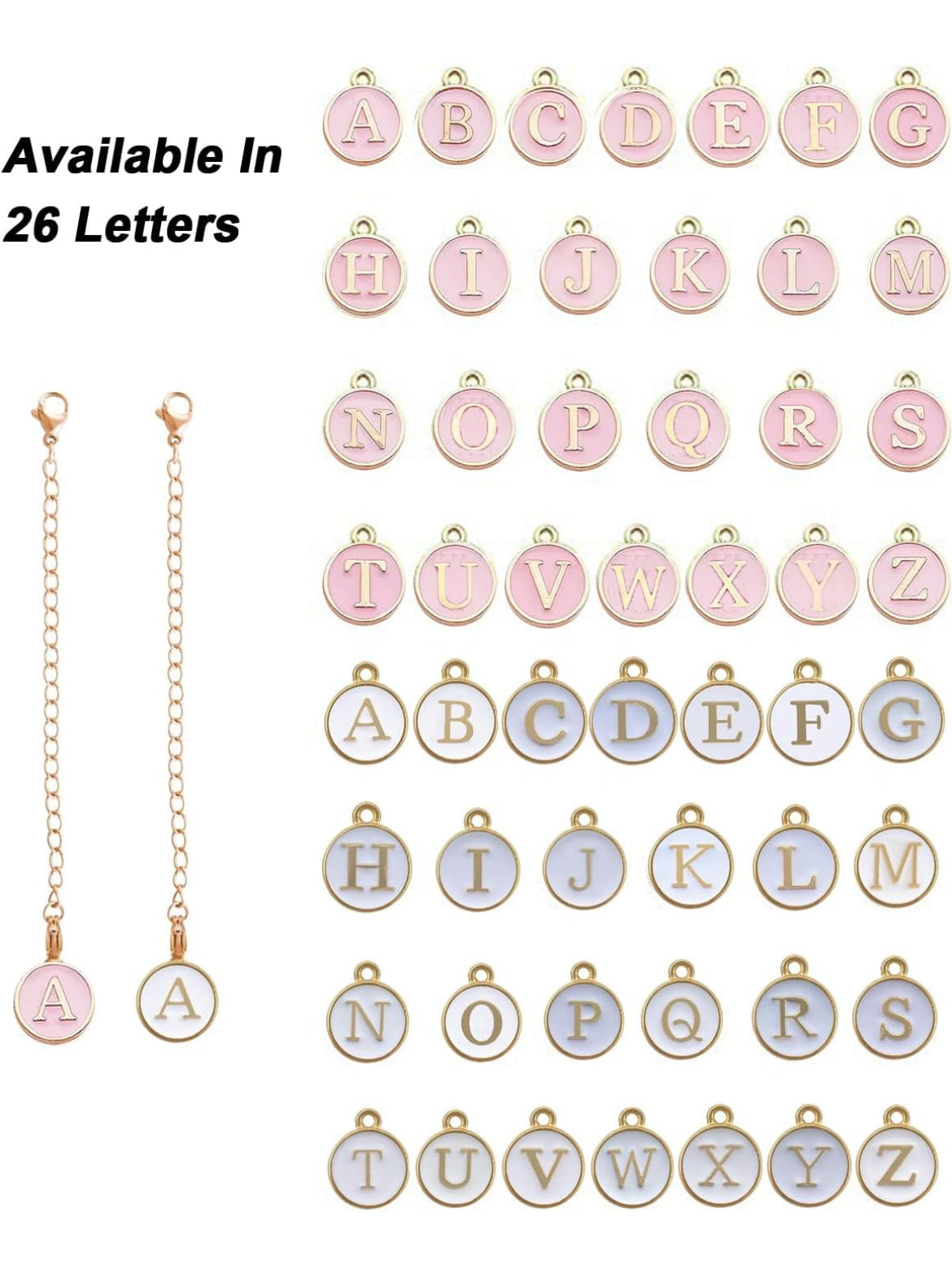 The image showcases a set of round letter charms in pink and blue, each charm displaying a single letter from A to Z. There are two keychain-like chains attached with a pink 'A' charm and a blue 'A' charm at the ends. The text reads “Available In 26 Letters.” The durable name plate design of Kreative Kreationz's Charm Dangle | Tumbler Accessory ensures longevity.