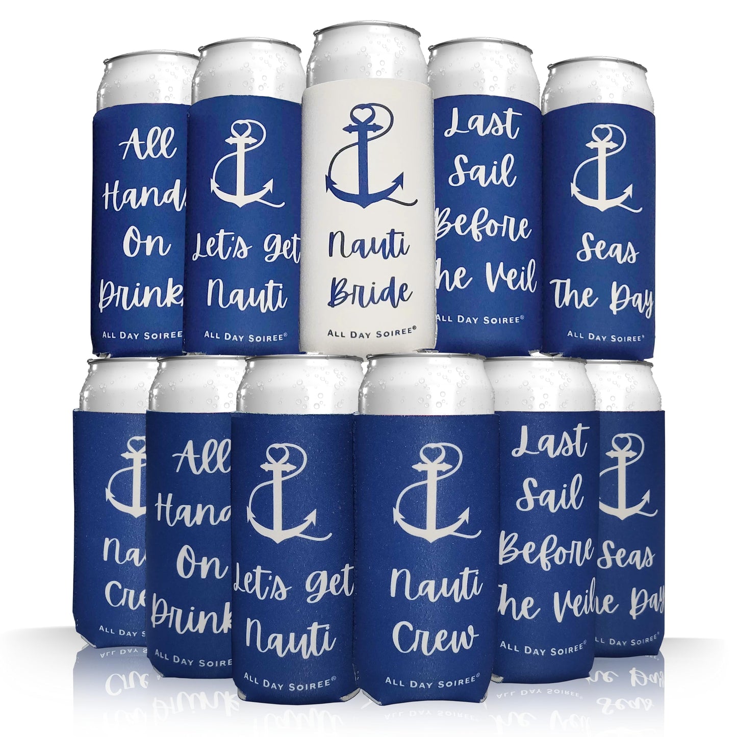 A group of 10 beverage cans is arranged in a pyramid, each featuring a nautical theme with phrases like "All Hands On Drink," "Let's Get Nauti," and "Last Sail Before the Veil." The navy blue and white cans adorned with anchor graphics are ideal for party favors, particularly when paired with Kreative Kreationz's Nautical Beach Theme 11-Pack Customizable Koozies.