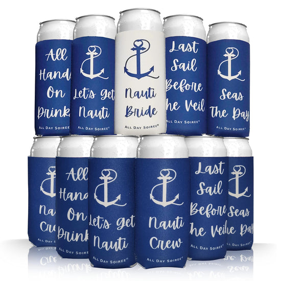 Nine nautical-themed cans feature blue designs that say 