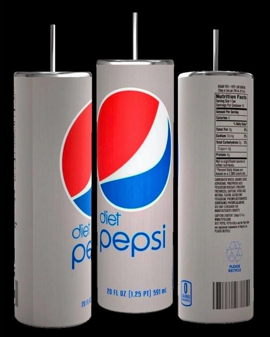 Three silver cans of Diet Cola 20oz Tumblers by Kreative Kreationz are shown against a black background. The front can displays the blue, white, and red Pepsi logo with "diet pepsi" written below it. The side and back cans reveal nutritional information, a recycling symbol, and a barcode. Perfect for fans of Diet Pepsi Cola tumblers, each can has a 20 oz capacity.