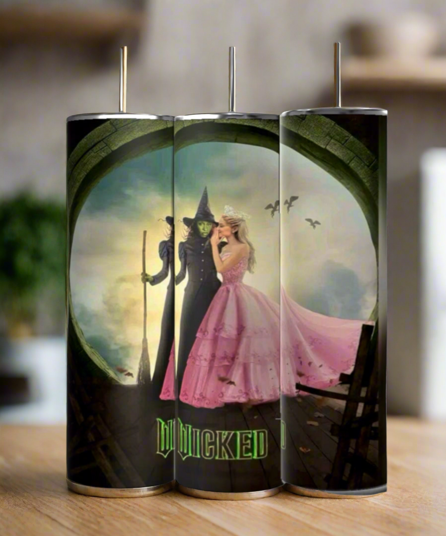 The Kreative Kreationz Wicked Whisper 20oz Tumbler set features three insulated stainless steel tumblers decorated with a vibrant green-faced witch and a woman in a pink dress. "WICKED" appears partially at the base, ideal for magical wonder fans, brought to life through sublimation printing.