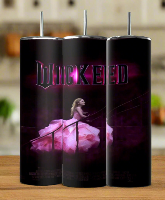 Kreative Kreationz's Wicked Glenda 20oz tumblers showcase a person in a flowing pink dress on a staircase, with "Wicked" in glowing pink letters. Made of insulated stainless steel for durability, these tumblers feature vibrant colors through sublimation printing.