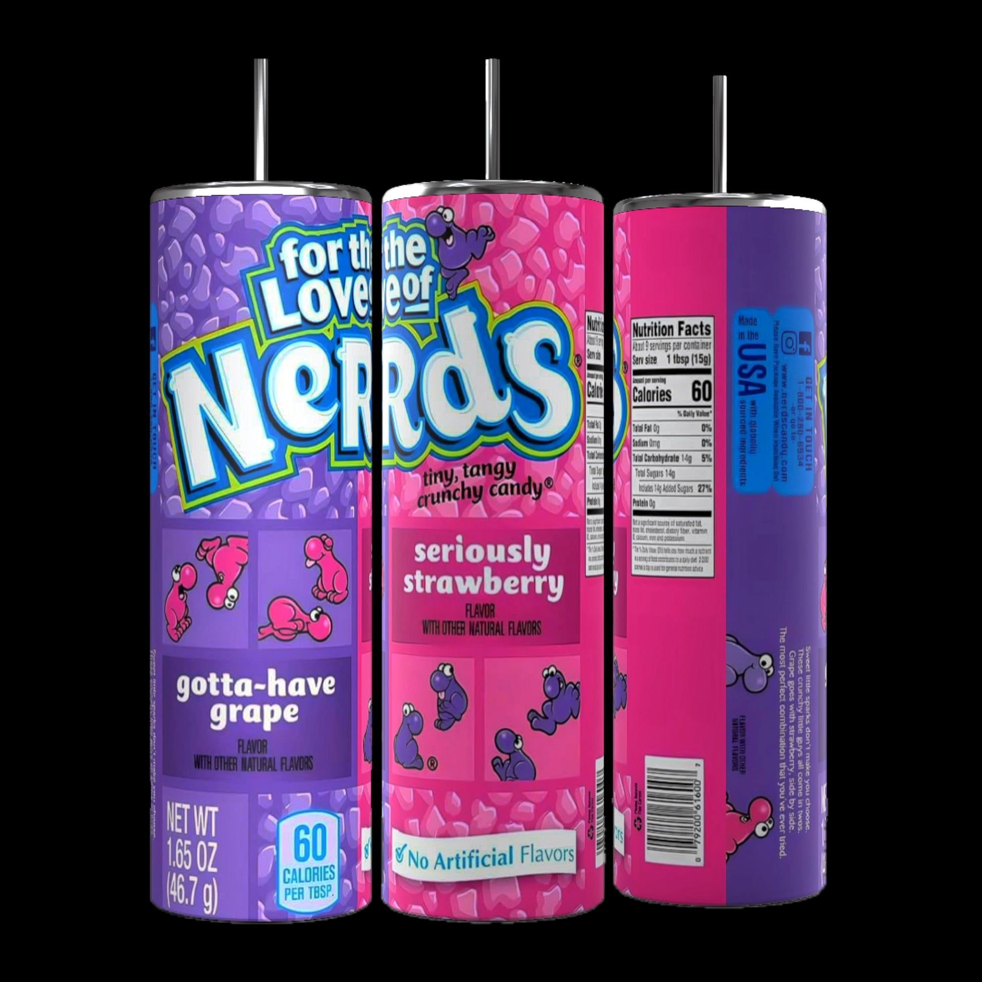 Three cylindrical containers of Nerds-flavored powder drink mix, each topped with black straws. The front container displays "For the Love of Nerds" in grape flavor, while the middle one features strawberry flavor. Each boasts a Kreative Kreationz Nerds 20oz Skinny Stainless Steel Tumbler with a spill-proof lid. Nutrition facts and ingredients are visible on the back container.