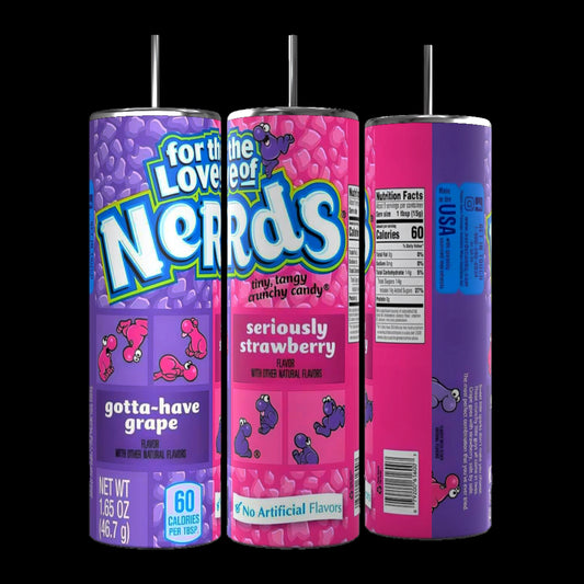 Three cylindrical containers of Nerds-flavored powder drink mix, each topped with black straws. The front container displays "For the Love of Nerds" in grape flavor, while the middle one features strawberry flavor. Each boasts a Kreative Kreationz Nerds 20oz Skinny Stainless Steel Tumbler with a spill-proof lid. Nutrition facts and ingredients are visible on the back container.