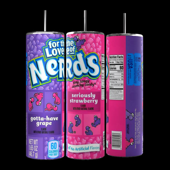 Three cylindrical containers of Nerds-flavored powder drink mix, each topped with black straws. The front container displays 