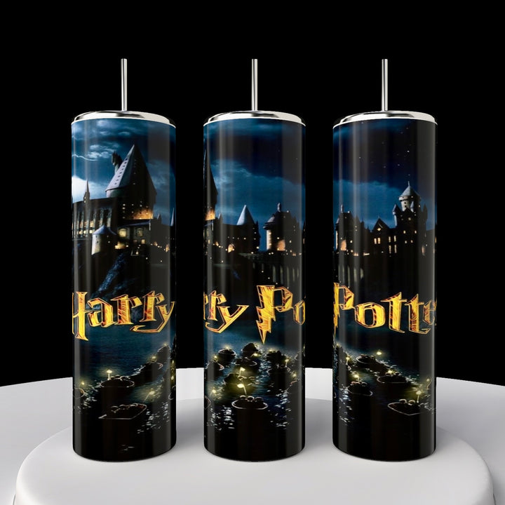 Explore Kreative Kreationz's enchanting drinkware collection, featuring the Harry Potter Tumbler. This 20 oz skinny tumbler showcases a nighttime castle scene and bold gold "Harry Potter" text, reflecting lights on water for a magical, Slytherin-inspired vibe.