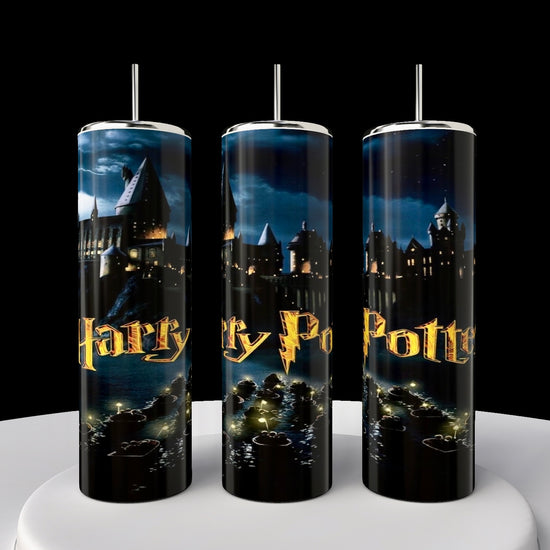 Explore Kreative Kreationz's enchanting drinkware collection, featuring the Harry Potter Tumbler. This 20 oz skinny tumbler showcases a nighttime castle scene and bold gold 