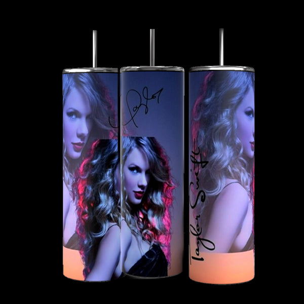 Three Taylor Swift Aesthetic 20oz Tumblers by Kreative Kreationz, each featuring the same image of a woman with wavy blonde hair and dark clothing. One tumbler includes her signature, and another has "Taylor Swift" written in cursive, perfectly capturing the Taylor Swift aesthetic.