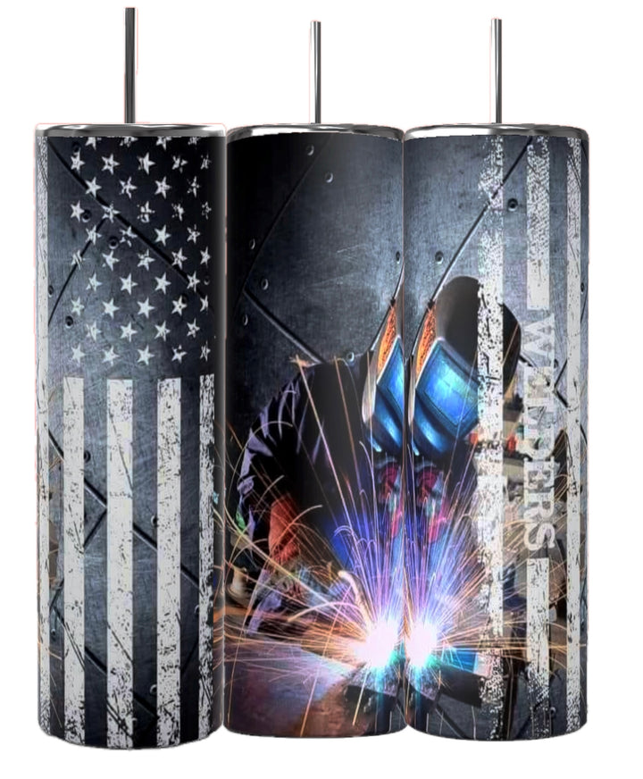 Kreative Kreationz's Welder 20oz Tumblers, from the Welders Collection, feature unique designs: a distressed American flag, a welder with sparks flying, and a combo of the flag with "WELDERS" vertically.