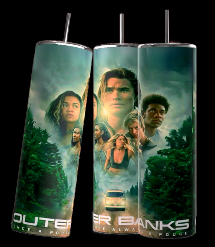 Check out Kreative Kreationz's 20oz Outer Banks Tumbler, featuring characters from "Outer Banks" against a green forest backdrop. With the show's name and a van cruising by, it's an ideal accessory for adventure fans.