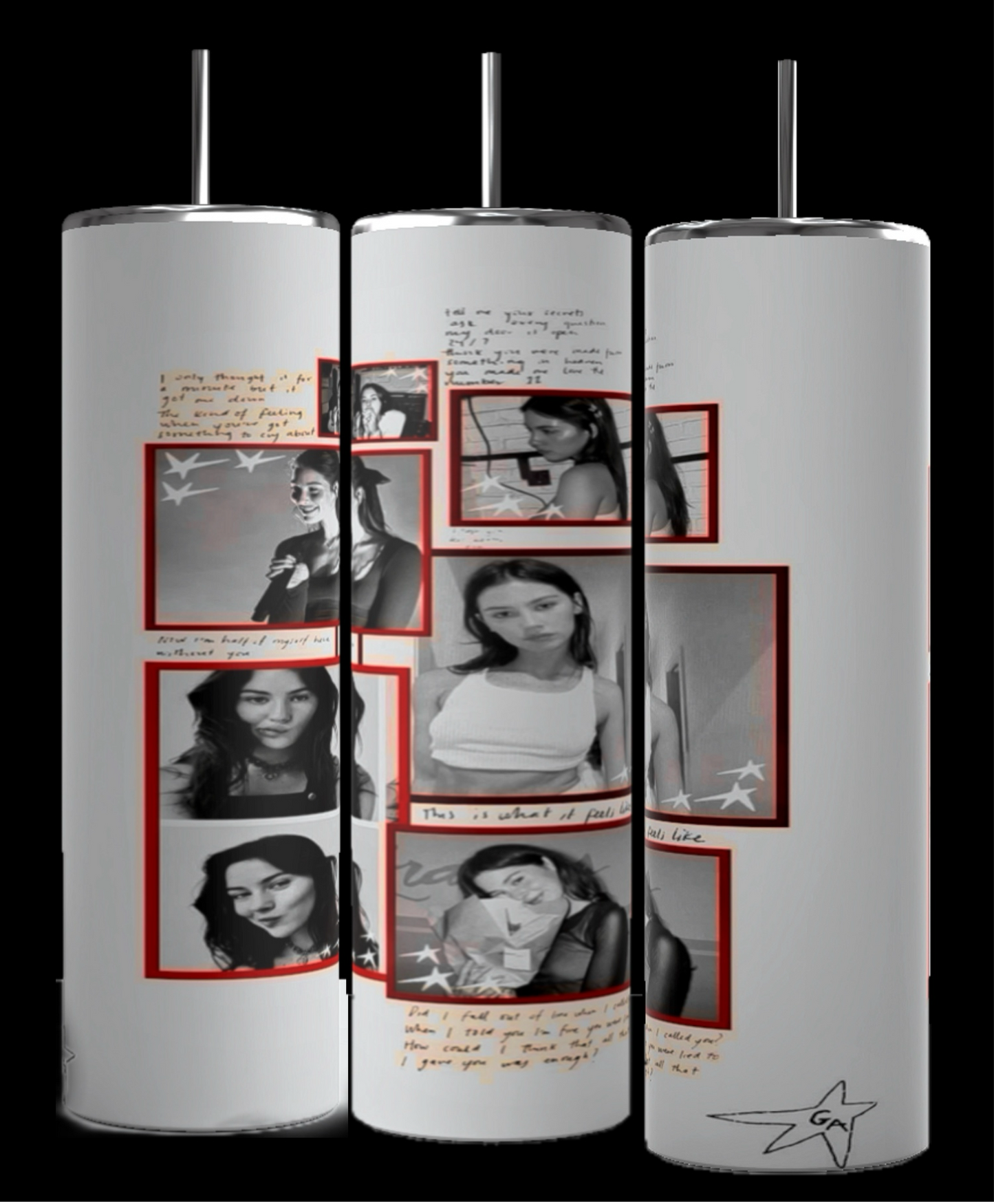 Three cylindrical art pieces, resembling the Gracie Abrams 20oz Skinny Tumbler from Kreative Kreationz, feature black-and-white photos of a woman in various poses. Each photo is surrounded by red rectangular frames, with handwritten notes and sketches decorating the margins. Crafted with durable construction, their plain gray background adds a minimalist touch.