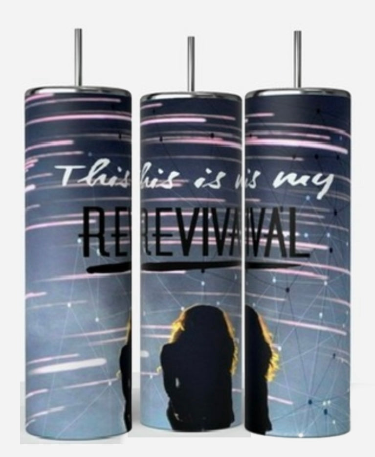 Three Selena Gomez The Revival 20oz Stainless Steel Tumblers from Kreative Kreationz feature a graphic design with the text "This is my REVIVAL" against a dark background adorned with abstract lines and dots. The lower portion depicts silhouettes of people. These tumblers are aligned on an outdoor surface.