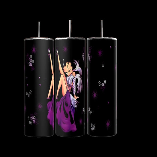 The Betty B 20oz Skinny Tumbler by Kreative Kreationz showcases a cartoon character in a purple dress with white hair against stars and sparkles, complete with a straw for stylish functionality.