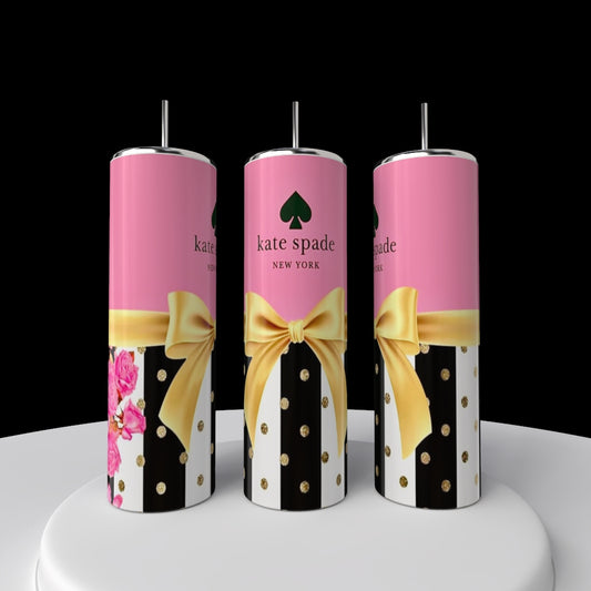 Three cylindrical Kate Spade Floral Skinny Tumblers by Kreative Kreationz have pink tops and black-and-white polka dot bottoms with yellow bows. The middle tumbler features the "kate spade NEW YORK" logo, a spade icon, and double-wall insulation to maintain perfect beverage temperature.