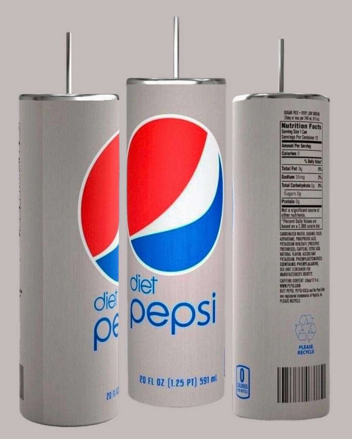 Three silver cans of Diet Cola 20oz Tumblers by Kreative Kreationz are shown against a black background. The front can displays the blue, white, and red Pepsi logo with "diet pepsi" written below it. The side and back cans reveal nutritional information, a recycling symbol, and a barcode. Perfect for fans of Diet Pepsi Cola tumblers, each can has a 20 oz capacity.