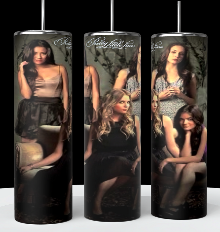 The Pretty Little Liars 20oz Tumblers by Kreative Kreationz feature a trio of tall, cylindrical tumblers adorned with a collage of four women in various poses and the "Pretty Little Liars" text at the top. With durable construction that keeps beverages hot or cold, these tumblers showcase a dark, forest-like background.