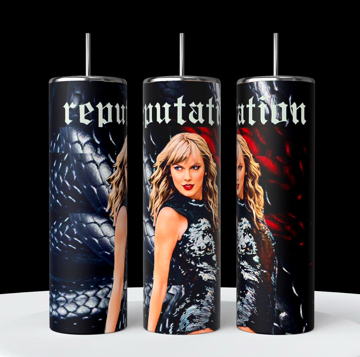 Three tall REP | Snake | Tumblers from Kreative Kreationz feature a woman with blonde hair in a black sequin outfit, the word "reputation" in bold, and a snake scale background. These stylish insulated tumblers are perfect for keeping drinks cold.