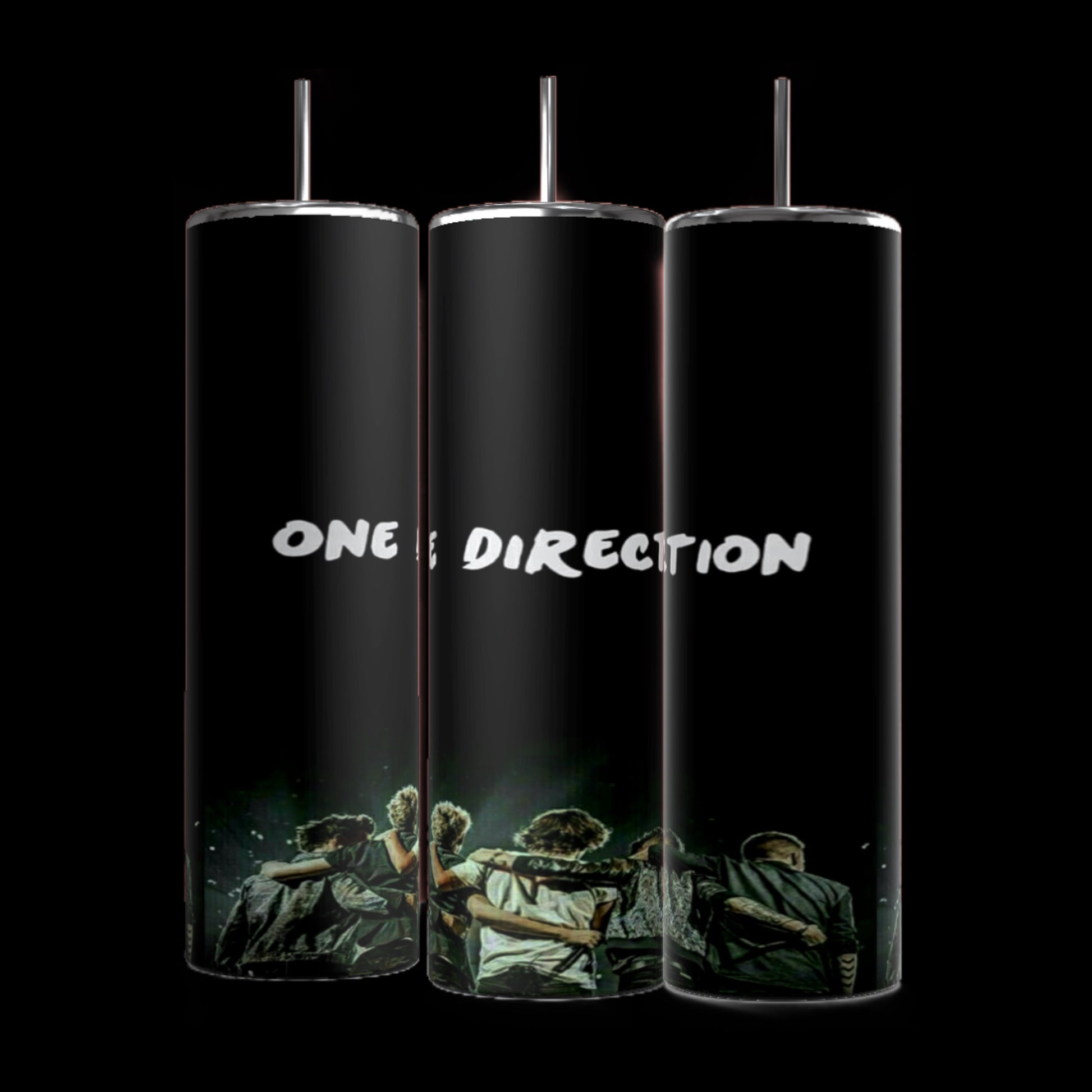 The One Direction B&W 20oz Stainless Steel Tumblers by Kreative Kreationz, sold in sets of three, boast a sleek black finish with "One Direction" elegantly inscribed in white. They feature a design of five people embracing on stage and come equipped with spill-proof lids and reusable straws.