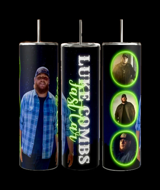 Three stainless steel tumblers from Kreative Kreationz feature images of a bearded man in a plaid shirt and baseball cap. The middle tumbler showcases "LUKE COMBS" in white text with "last song" in green script, while the right tumbler displays three images of the same man. This Country Singer 20oz Tumbler set, including reusable straws, makes for perfect drinkware for any occasion.