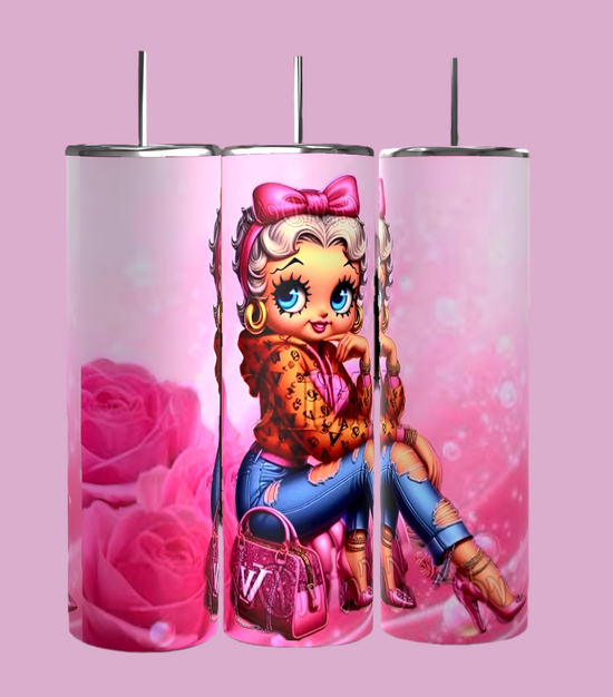 The Betty B Bougie 20oz Skinny Tumbler by Kreative Kreationz features a pink-themed design with a cartoon character in a leopard print jacket, curly hair, and pink bow. Adorned with roses and a pink handbag on a soft background, it's perfect for adding flair to your drinkware collection.