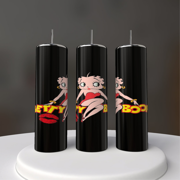 Three black tall candles on a white surface feature the iconic cartoon character with short hair and a red dress, alongside "Betty Boop" text and red lips, echoing the playful charm of Kreative Kreationz's Betty B20oz Skinny Tumbler.