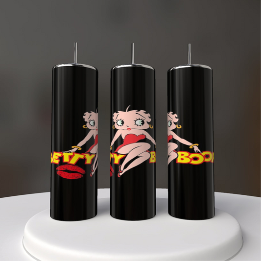 Three black tall candles on a white surface feature the iconic cartoon character with short hair and a red dress, alongside "Betty Boop" text and red lips, echoing the playful charm of Kreative Kreationz's Betty B20oz Skinny Tumbler.