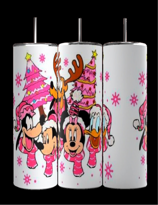 Introducing the Pink Disney Christmas 20oz Tumbler by Kreative Kreationz. This tall tumbler features cartoon characters in festive attire, complete with reindeer antlers and Santa hats, surrounded by pink Christmas trees and snowflakes, offering durable construction and a cheerful holiday theme.