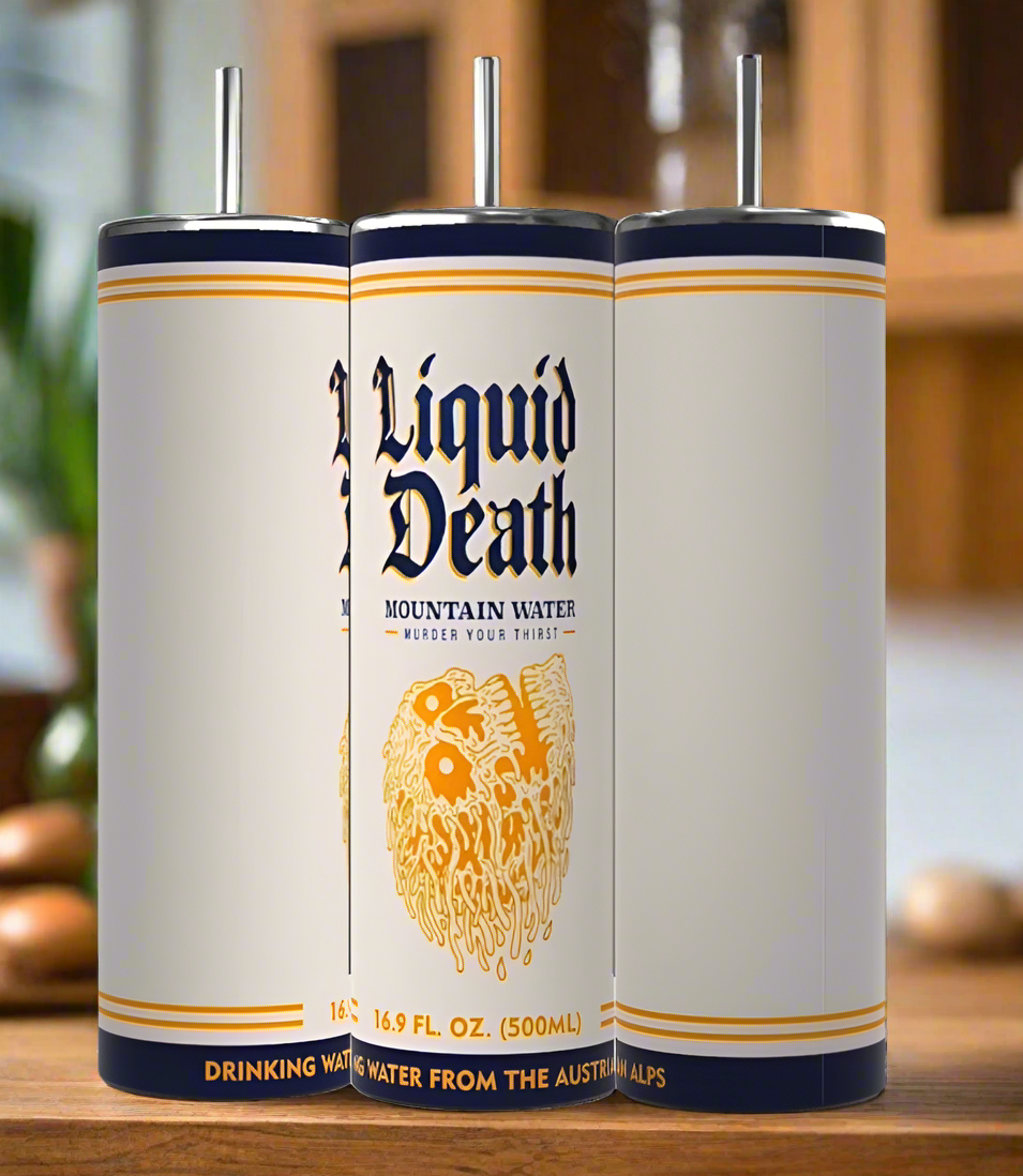 Three Liquid Death designed 20oz Tumblers from Kreative Kreationz are displayed against a black background. Each tumbler features a prominent logo with the brand name in bold blue letters and an illustration of a dripping skull. The text "Drinking Water from the Austrian Alps" is visible at the bottom. This Tony Hinchcliff design ensures it keeps beverages hot or cold.