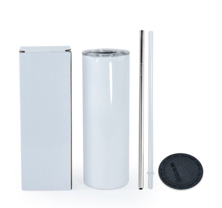 The Kreative Kreationz Starbucks 20oz Tumbler with Removable Lid Topper, in white stainless steel, includes a clear lid, reusable straw, straw cleaner, black rubber coaster, and comes in a plain white box, mirroring the sleek design of a Starbucks tumbler.