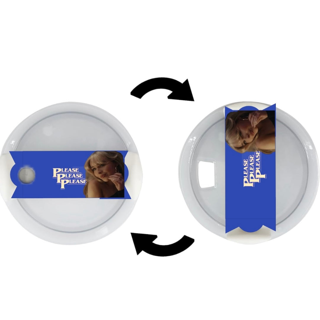 The images depict a circular white object wrapped with a blue band reading "PLEASE PLEASE PLEASE" and featuring a photo of Sabrina Carpenter. The custom Stanley Lid Topper from Kreative Kreationz, designed for 20-ounce, 30-ounce, and 40-ounce Stanley cups, is shown in two different orientations on the object, indicated by a double-headed arrow.