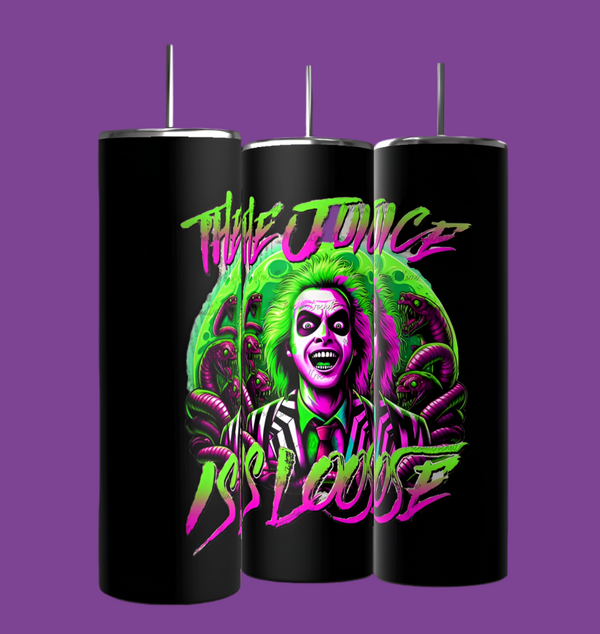 The Kreative Kreationz black Beetlejuice tumblers feature vibrant illustrations of a green-haired character in a striped suit on a purple background. With 20 oz capacity, they display "The Juice is Loose" in neon colors, making them ideal Halloween drinkware for any spooky celebration.