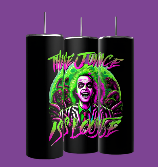 The Kreative Kreationz black Beetlejuice tumblers feature vibrant illustrations of a green-haired character in a striped suit on a purple background. With 20 oz capacity, they display 