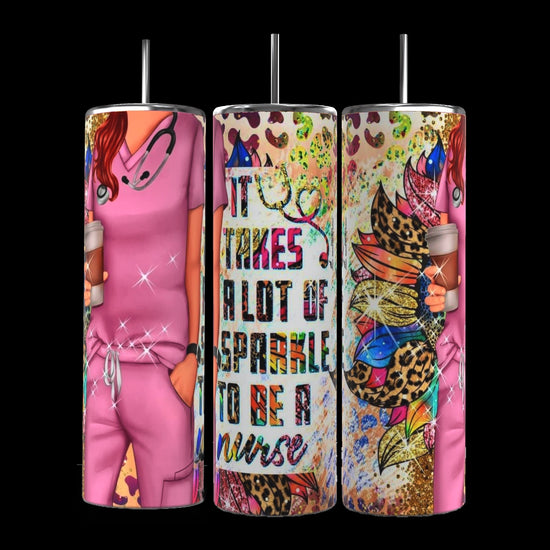 The set includes three 20 oz tumblers in blue from Kreative Kreationz, each adorned with medical-themed designs like stethoscopes, syringes, bandages, and a 