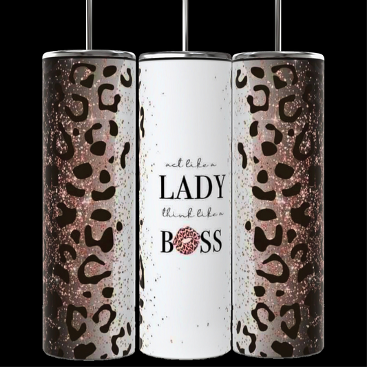 A collage features nine colorful Boss Lady 20oz Tumblers with Reusable Straw and Lid designs with "Boss Lady" and "Lady Boss" themes from Kreative Kreationz. Each personalized tumbler boasts bold, vibrant patterns like leopard prints, pink glitter, and marble textures, all accompanied by empowering text. The background is black with white text labels.