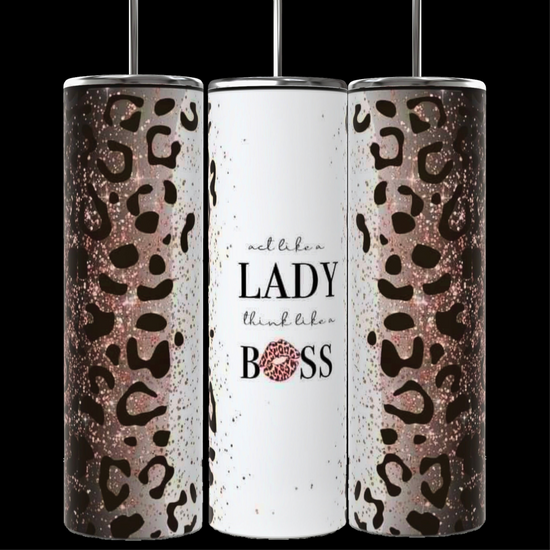 A collage features nine colorful Boss Lady 20oz Tumblers with Reusable Straw and Lid designs with 