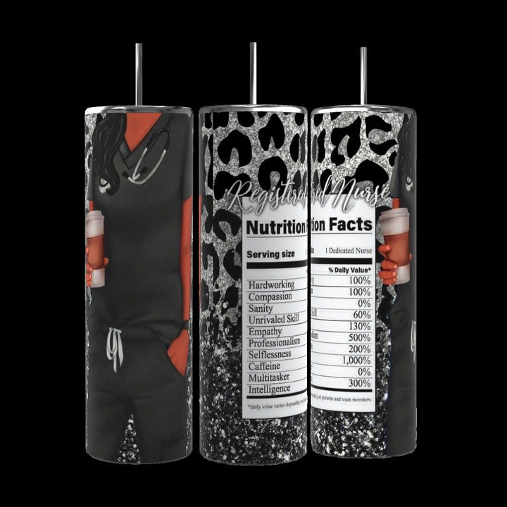 The Nurse 20oz Tumbler by Kreative Kreationz is a set of four cylindrical tumblers, each adorned with nurse-themed designs. One tumbler showcases a cartoon nurse wearing a stethoscope, another displays a leopard print with humorous "nutritional facts" about being a nurse. The remaining two feature motivational text celebrating the skills and passion of nurses. These durable tumblers are built to last.