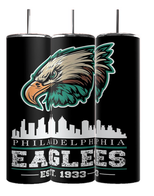 The Kreative Kreationz EAGLES Football 20oz Skinny Tumbler set features a Philadelphia Eagles design with an eagle's head, city skyline, and "PHILADELPHIA EAGLES EST. 1933" in bold white. Each stainless steel tumbler includes a spill-proof lid and reusable straw for fans on the go.