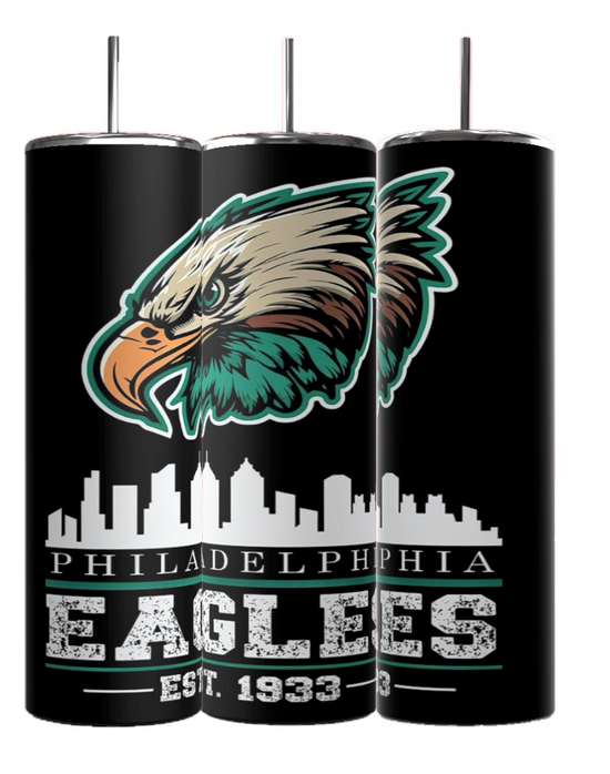 The Kreative Kreationz EAGLES Football 20oz Skinny Tumbler set features a Philadelphia Eagles design with an eagle's head, city skyline, and 