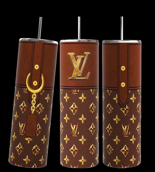 Three Louis Vuitton Purse Designed 20oz Stainless Steel Tumblers by Kreative Kreationz, featuring cylindrical shapes with brown patterns resembling luxury brand Louis Vuitton designs. Each tumbler showcases a unique front pattern and detail, including gold accents, a latch design, and the iconic monogram signature.