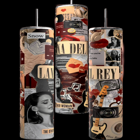 The Lana Del Rey 20oz Stainless Steel Tumblers by Kreative Kreationz feature a collage of images and text on three cylindrical tumblers. Prominent elements include flowers, musical instruments like guitars, and photographs of a woman. The dark background highlights the text reading "Lana Del Rey," "Snow," and other fragmented phrases.