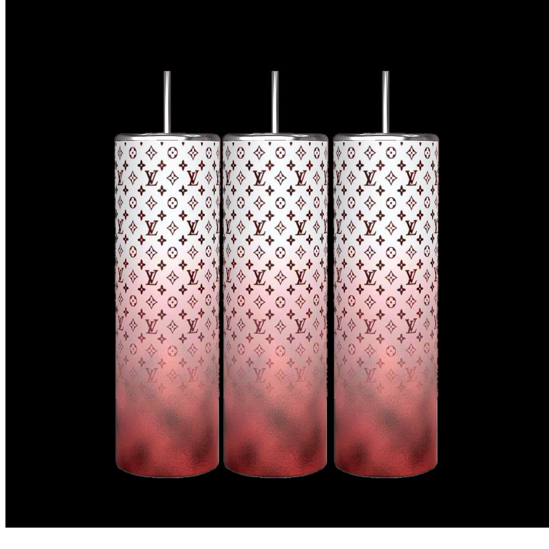 Three LV 20oz Tumblers by Kreative Kreationz are displayed evenly against a black background. Each cylindrical tumbler has a pink gradient with stylized logos, spill-proof silver lids, and is from Louis Vuitton's collection.