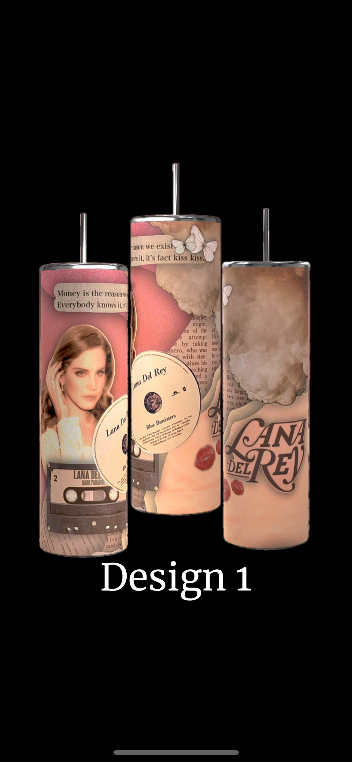 The Lana Del Rey 20oz Stainless Steel Tumblers by Kreative Kreationz feature a collage of images and text on three cylindrical tumblers. Prominent elements include flowers, musical instruments like guitars, and photographs of a woman. The dark background highlights the text reading "Lana Del Rey," "Snow," and other fragmented phrases.