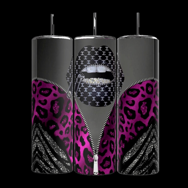 Three LV Purple Lips 20oz Tumblers from Kreative Kreationz, each featuring a face covered by a patterned mask and unzipping a jacket adorned with a black and purple leopard print on the top and black and white stripes on the bottom. Made with durable construction, these tumblers have a 20 oz capacity. The background is black.