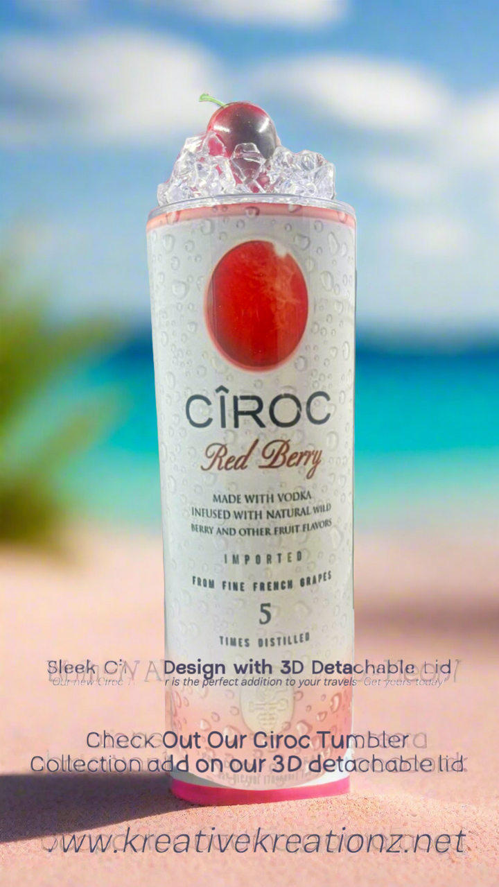 Two cans of Kreative Kreationz Ciroc 20oz Tumbler with 3D Lid Topper are shown on a wooden surface, reminiscent of travel tumblers. The left can is Red Berry flavor, topped with ice and a cherry. The right can is Vodka Snap Frost flavor, topped with ice and a lemon slice. Both cans feature product information and branding.