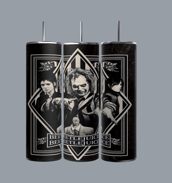 The monochrome illustrations of "Beetlejuice" characters echo the vintage graphics on our Beetlejuice 20oz Tumbler by Kreative Kreationz. Perfect for Halloween, this themed drinkware features the film's title embossed at the bottom.