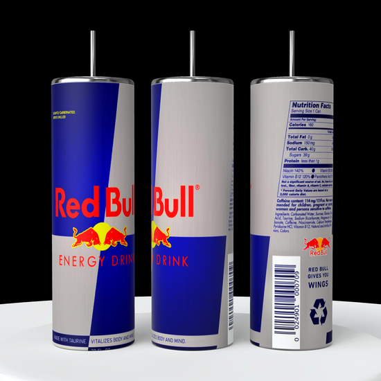 A collection of Red Bull lovers 20oz Tumblers from Kreative Kreationz, each displaying a different Red Bull flavor and distinct vibrant color. Arranged from left to right: Winter Edition (blue), Orange Edition (orange), Beach Edition (peach), Coconut Edition (white), Summer Edition (green), Original (silver), Sugarfree (white and blue stripe), and Tropical (yellow). Perfect for carrying your favorite energy drink without worrying about spills.