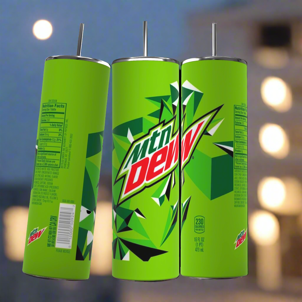 Three cylindrical green soda cans of Mountain Dew are arranged side by side. The cans feature bold white and red Mountain Dew logos and geometric designs. Nutritional information and branding details are visible. Each can is 20 fluid ounces (591 milliliters), perfect to fit in your Kreative Kreationz Mountain Dew Soda 20oz Skinny Tumbler for on-the-go refreshment.