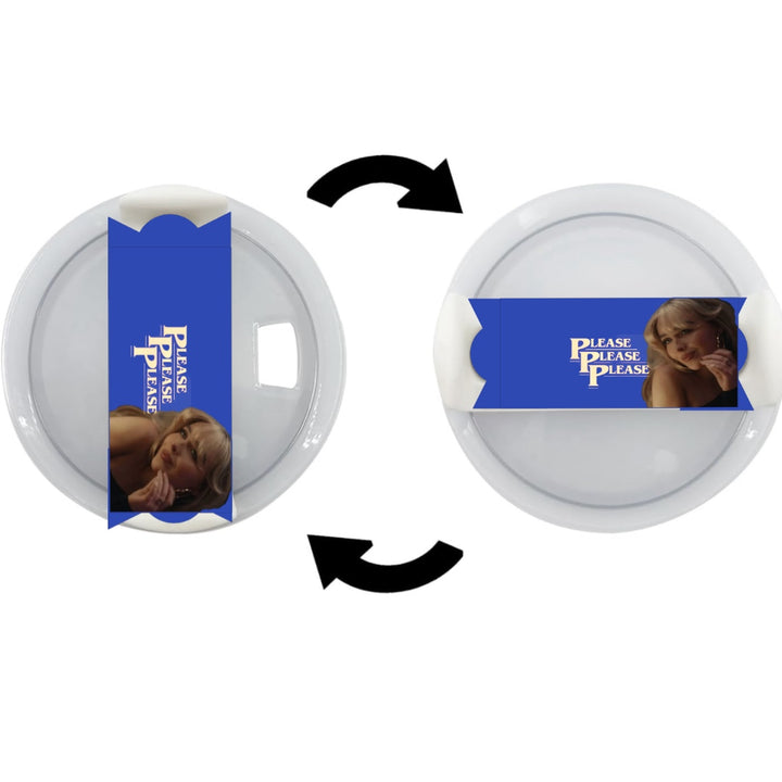 The images depict a circular white object wrapped with a blue band reading "PLEASE PLEASE PLEASE" and featuring a photo of Sabrina Carpenter. The custom Stanley Lid Topper from Kreative Kreationz, designed for 20-ounce, 30-ounce, and 40-ounce Stanley cups, is shown in two different orientations on the object, indicated by a double-headed arrow.