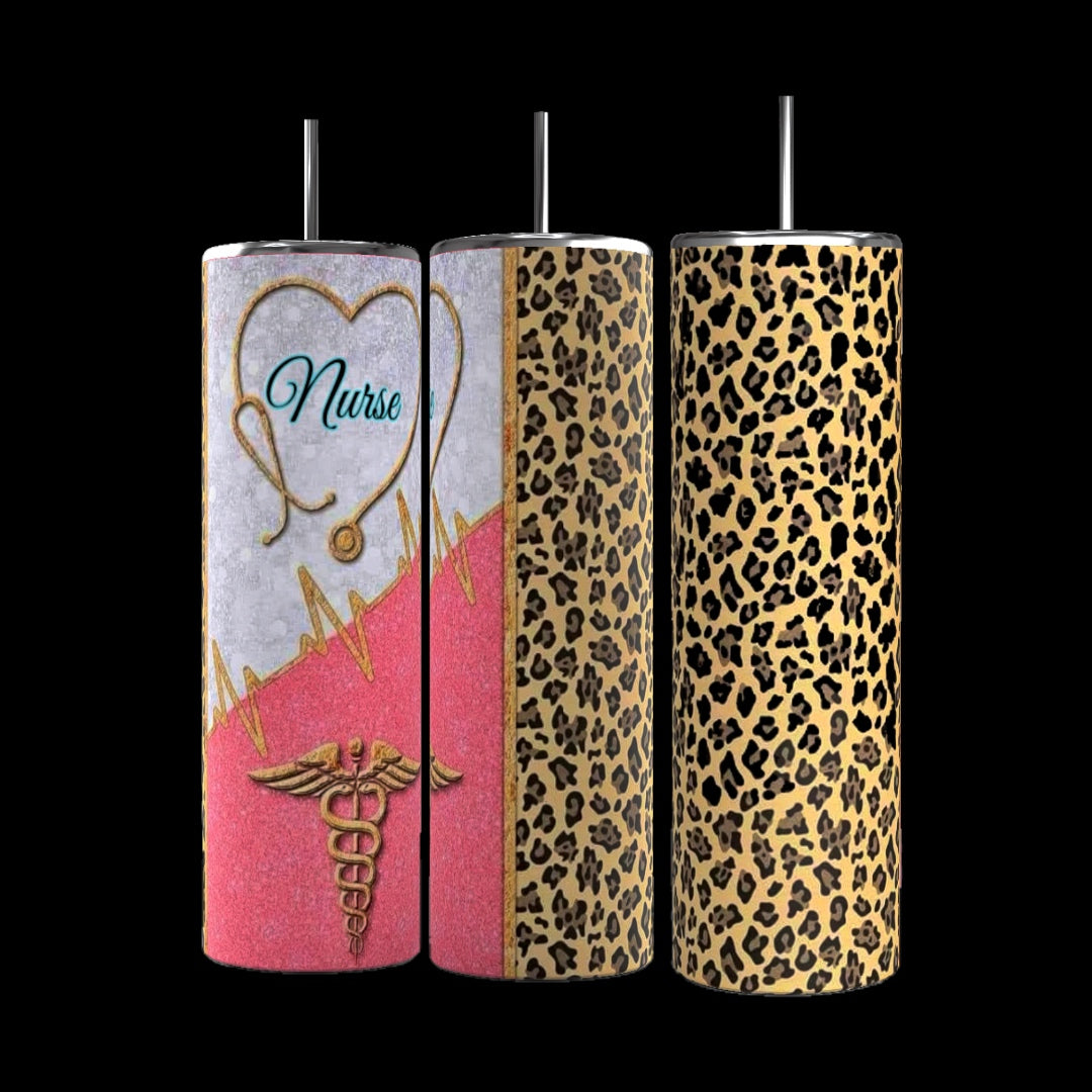 Three stainless steel tumblers are shown. The first has a nurse-themed design with a stethoscope and caduceus symbol. The second, the Nurse Leopard Print 20oz Skinny Tumbler from Kreative Kreationz, boasts pink and gold colors with an EKG line. The third features a gold and black leopard print pattern, all with spill-proof lids.