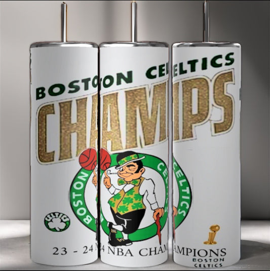 Three tall, white Celtics Champs custom 23-24 20oz Tumblers from Kreative Kreationz feature the Boston Celtics logo and text reading "Boston Celtics Champs 23-24 NBA Champions." A leprechaun with a basketball is also depicted, along with a small championship trophy at the bottom. Each tumbler boasts a durable construction.